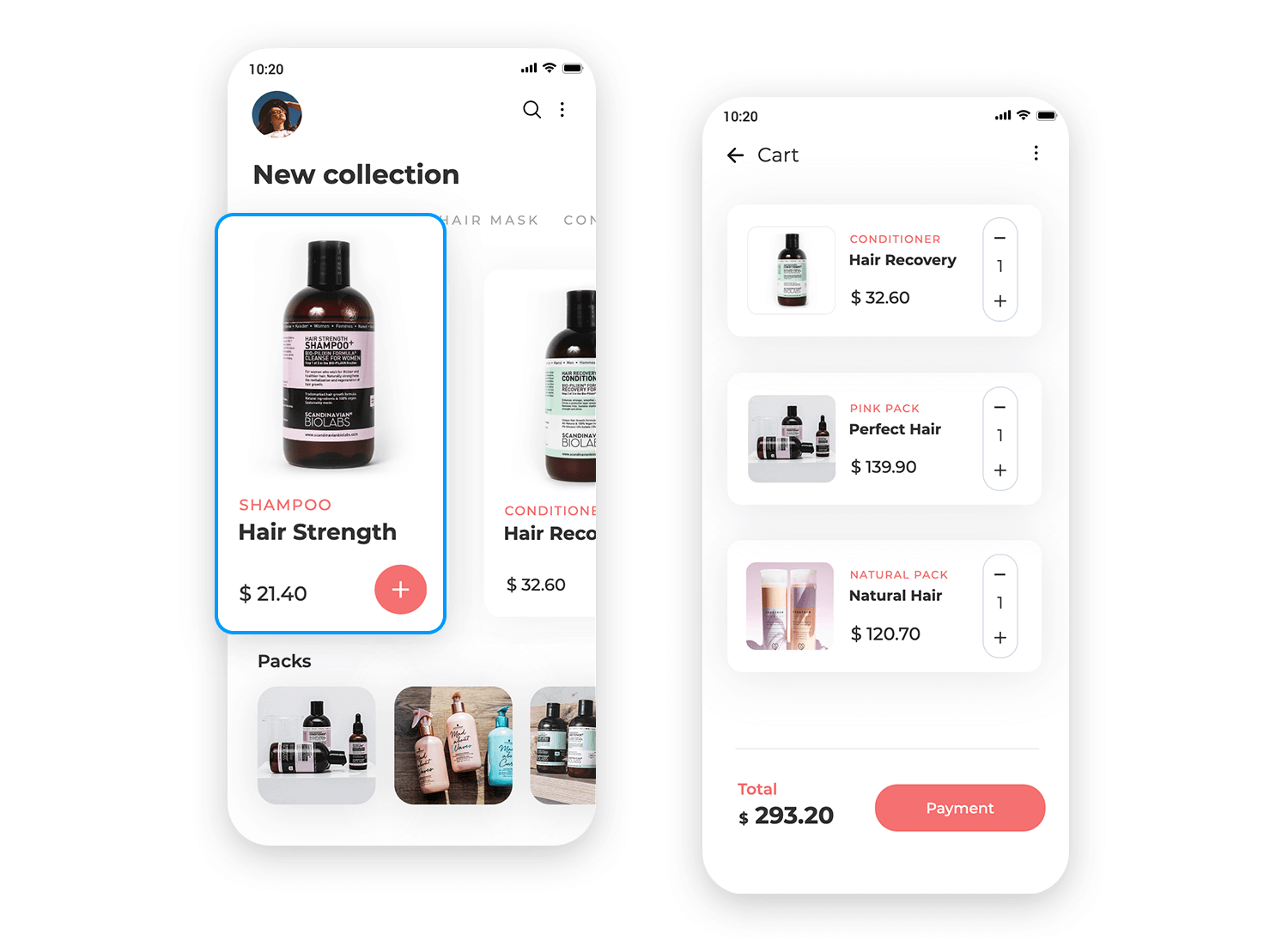 E-commerce app card UI for hair products and cart view.