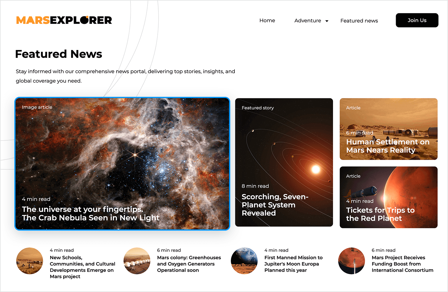 Featured news section with card UI displaying articles about Mars exploration and space discoveries