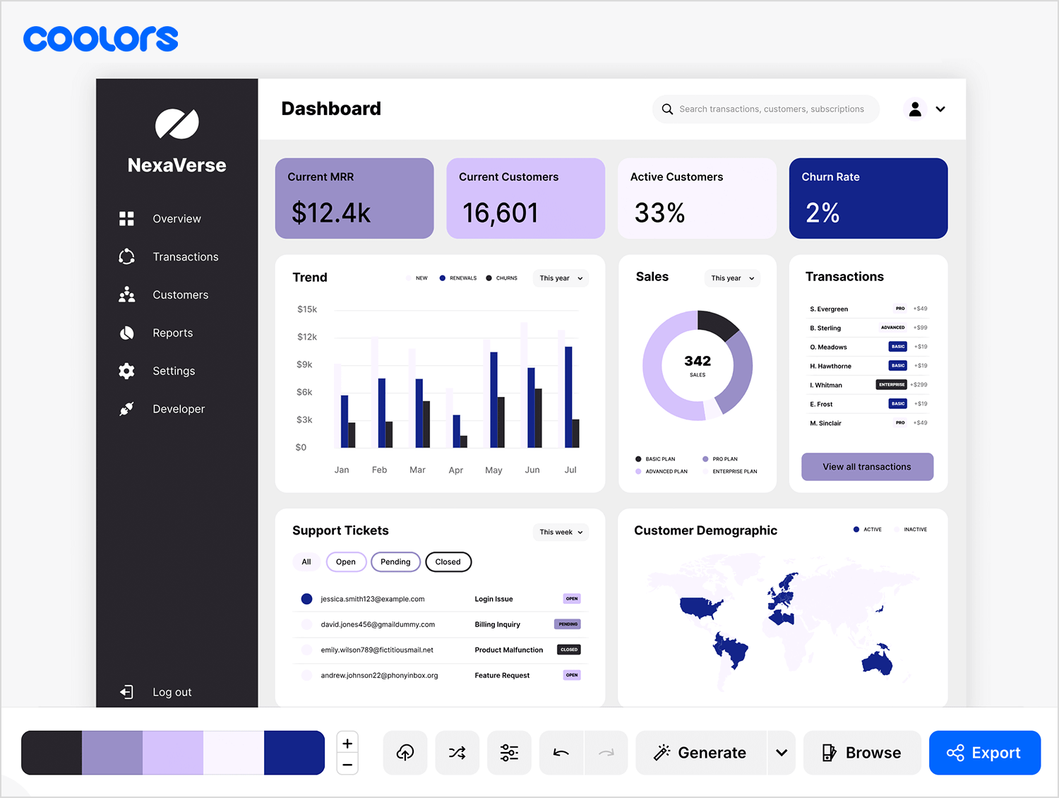 Coolors-generated flat design color palette applied to a modern UI dashboard