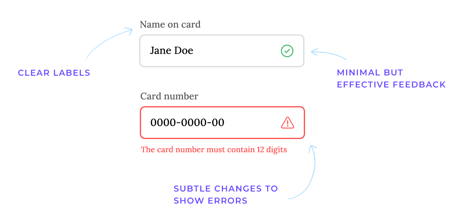 Flat design form validation example with clear labels, error states, and minimal feedback