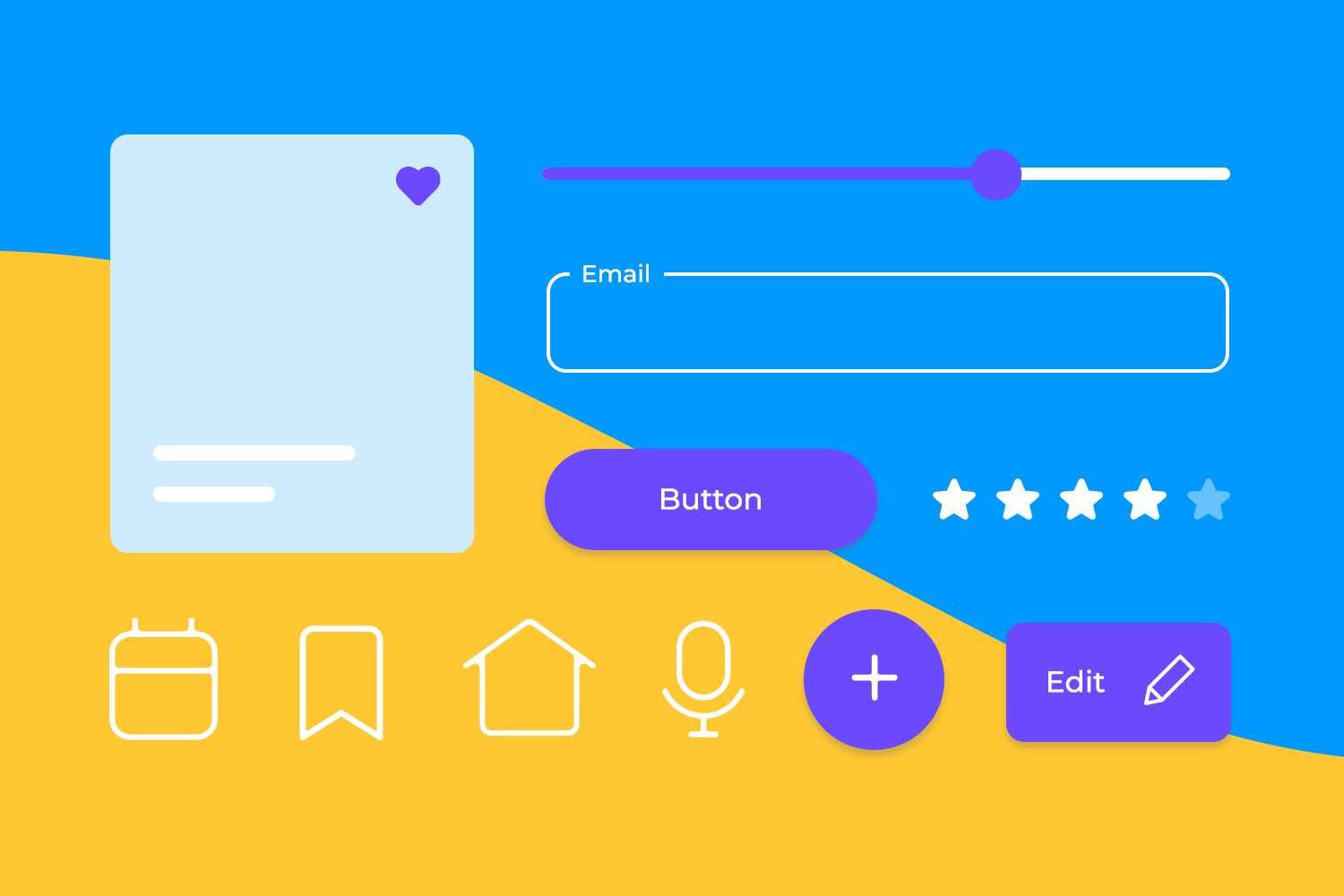 Flat design UI header with colorful background, buttons, icons, and input fields