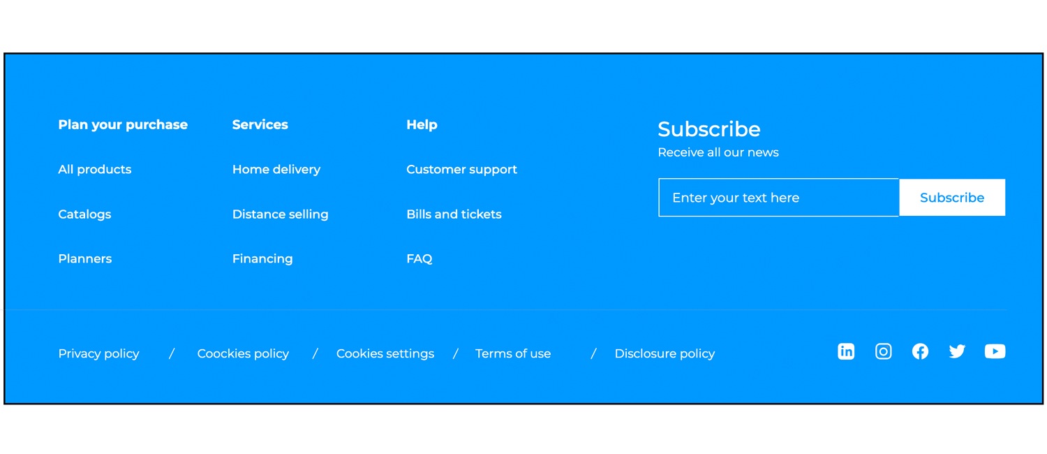 Footer with navigation links, services, help, and a subscribe section