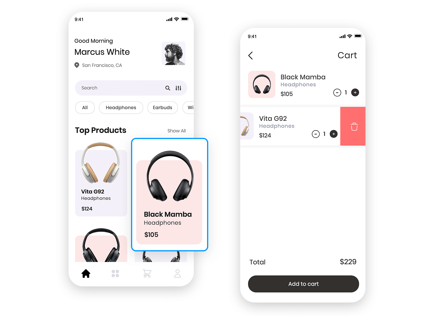 Headphones store app card UI showing product listings and shopping cart