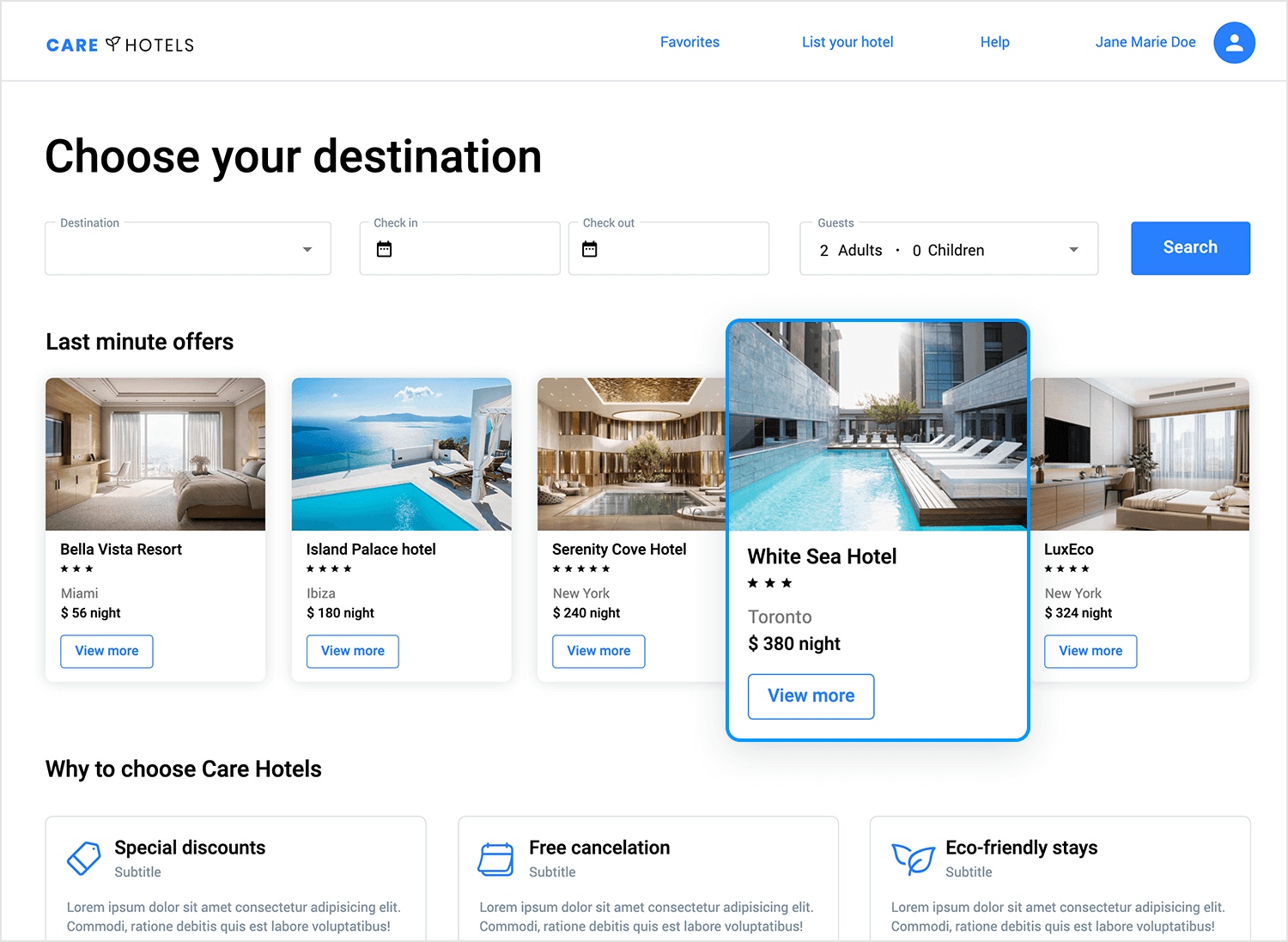 Hotel booking website with card UI displaying last minute offers and destination search options