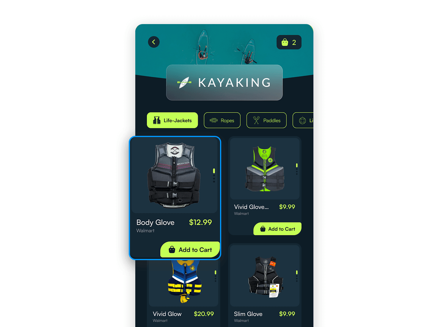 Kayaking app card UI displaying life jackets for purchase