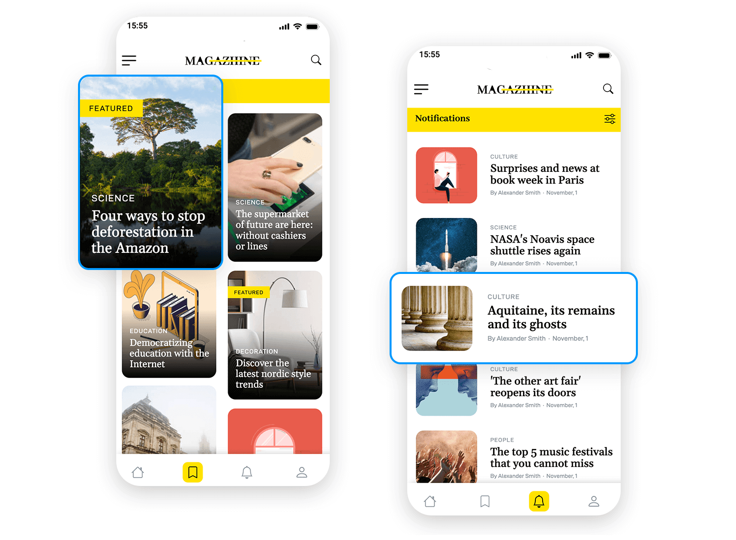 Magazine app card UI showing featured articles and notifications