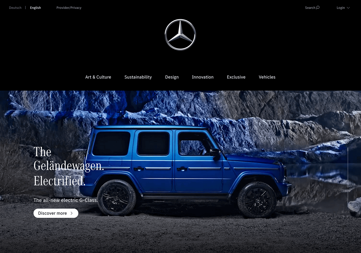 Mercedes-Benz homepage showing a blue electric G-Class SUV with top navigation links