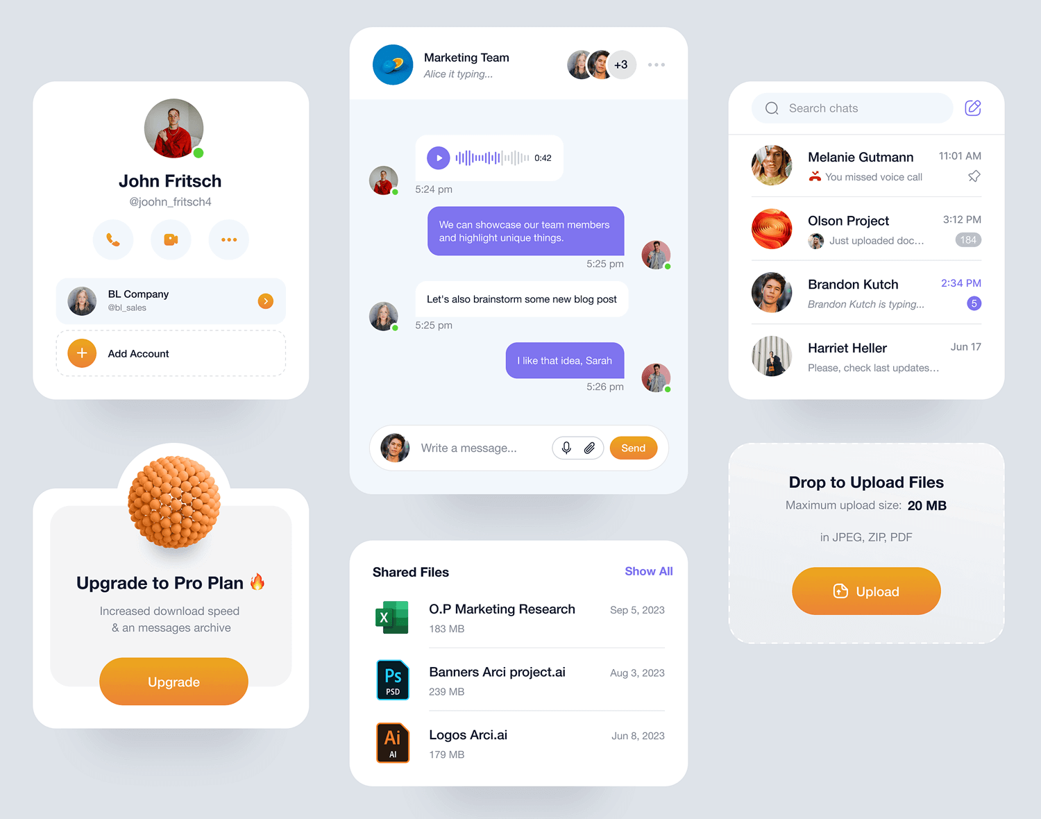 Messaging platform with card UI for chats, files, and account info