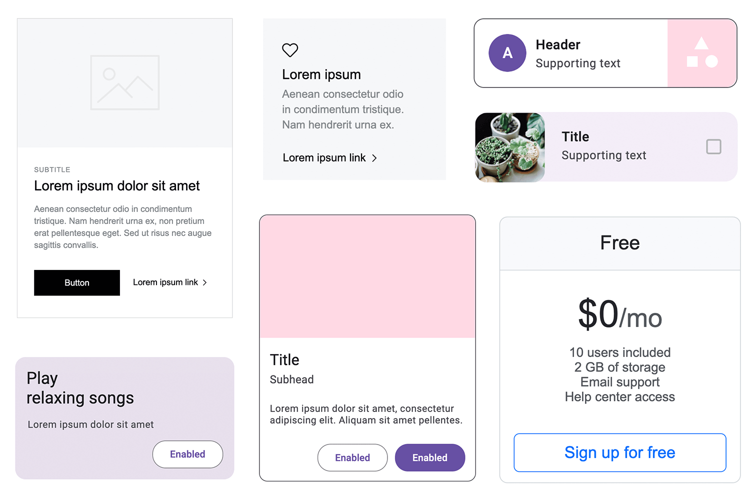 Simple card UI elements with text, buttons, and pricing