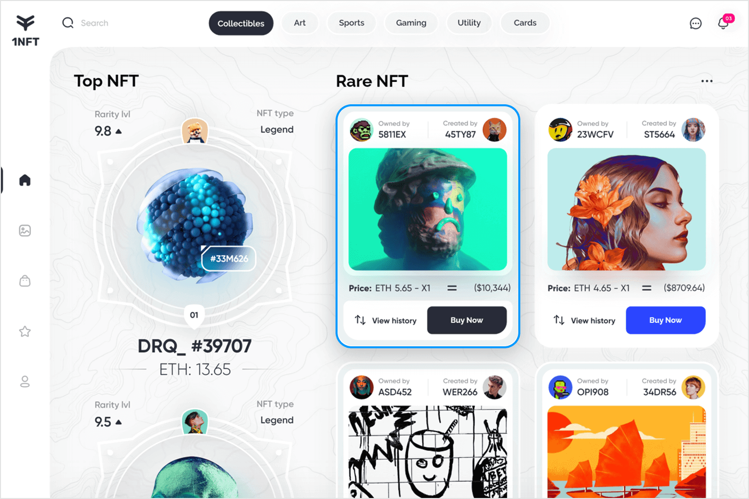 NFT marketplace with card UI showing top and rare NFTs.