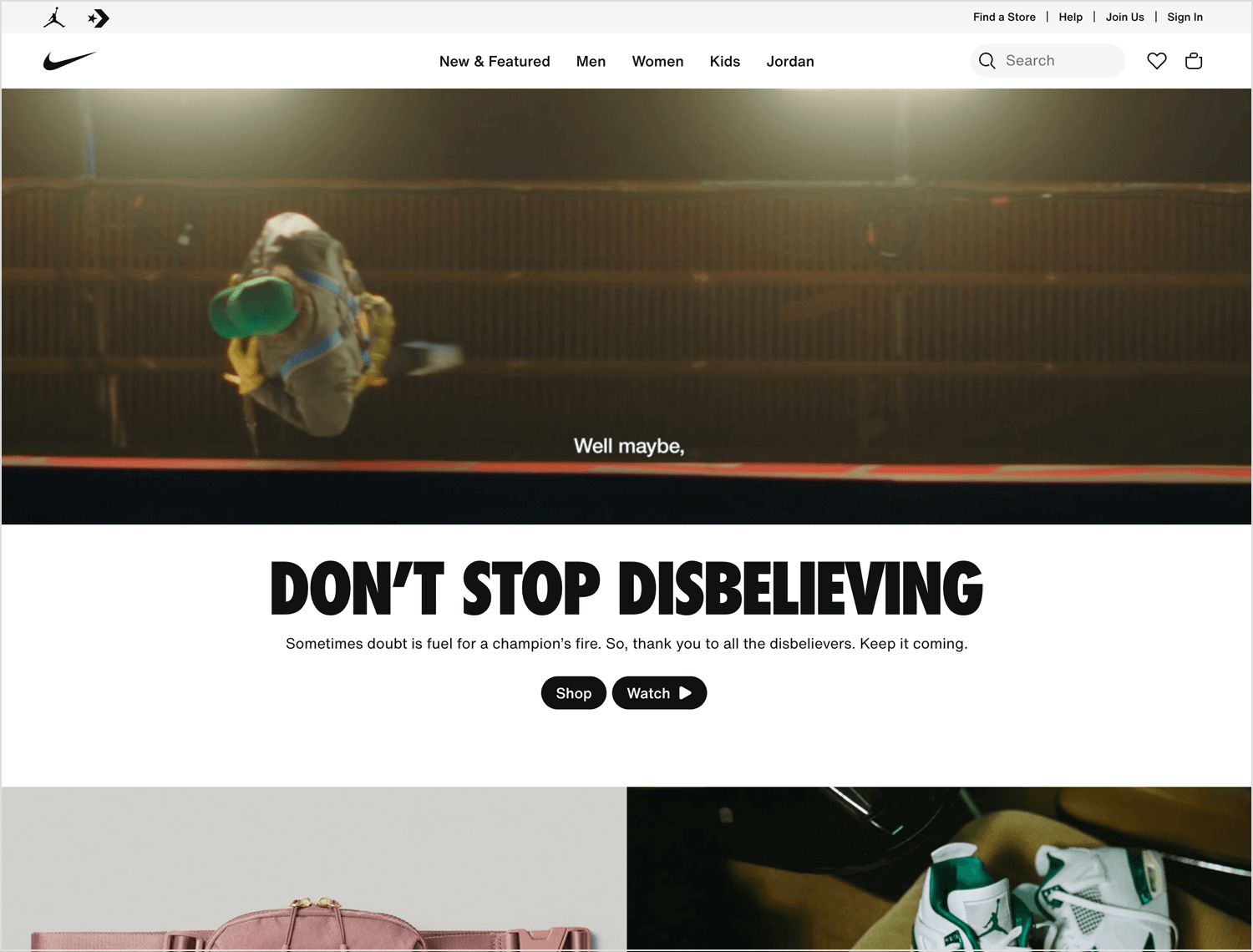 Nike homepage with a navigation bar