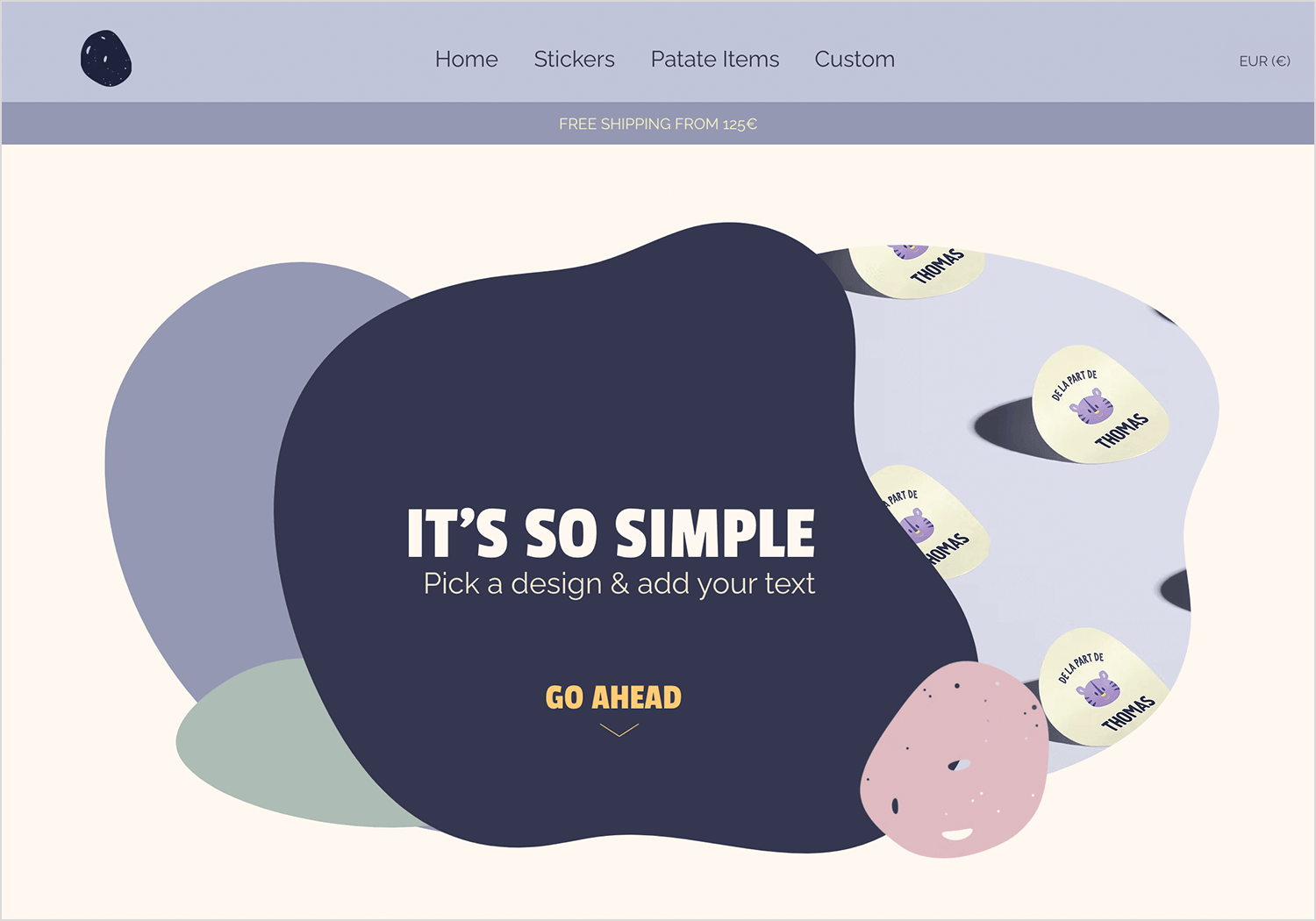 Papier Patate flat website design with playful organic shapes and soft colors