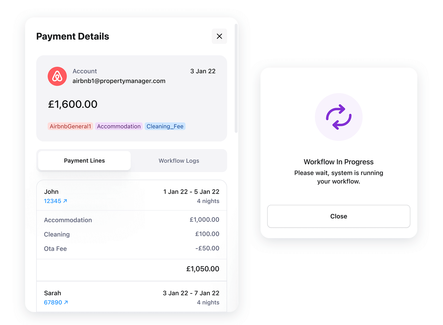 Card UI for payment details and workflow progress on a platform.