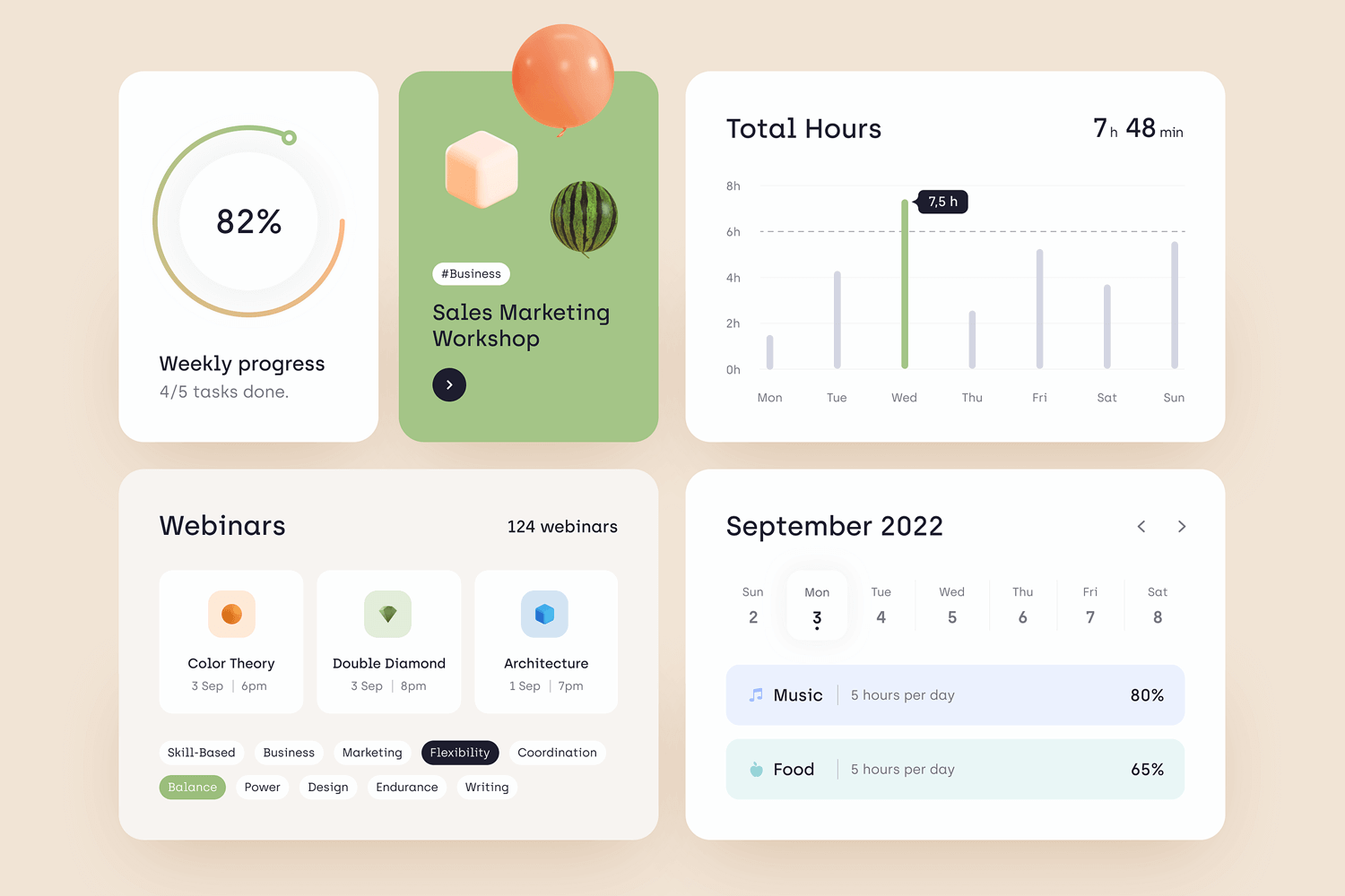 Productivity dashboard with card UI showing progress, total hours, webinars, and schedule