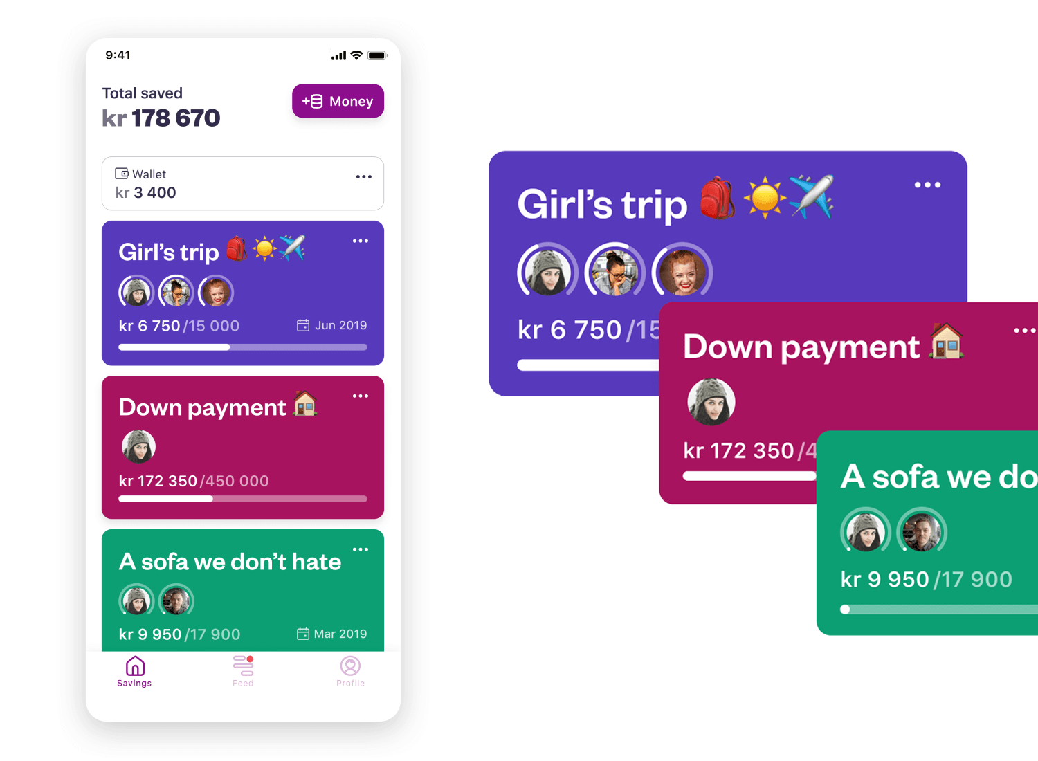 Card UI in a savings app showing goal cards