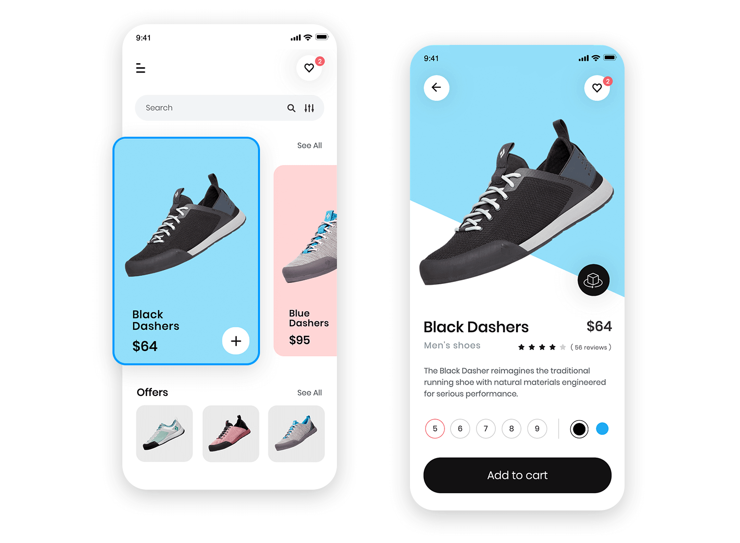 Shoe shopping app card UI displaying product details and offers