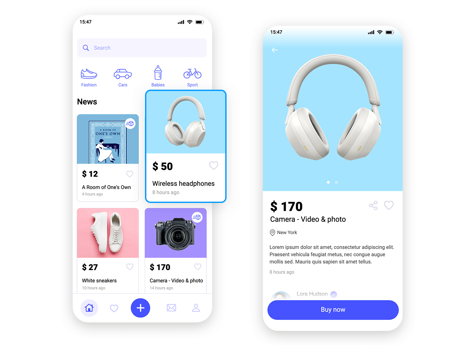 Shopping app card UI displaying product listings