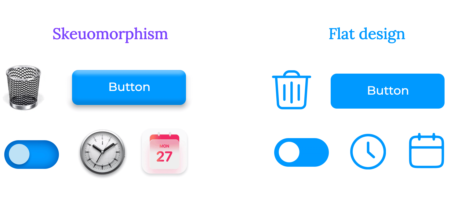 Comparison of skeuomorphic and flat design UI elements, including buttons, icons, and toggles