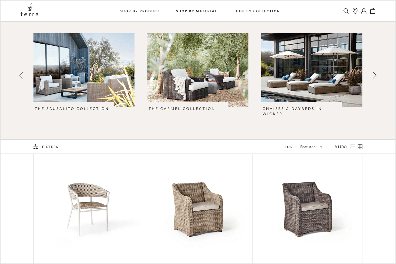 Homepage of Terra Outdoor showing collections of outdoor furniture with navigation options for filtering products