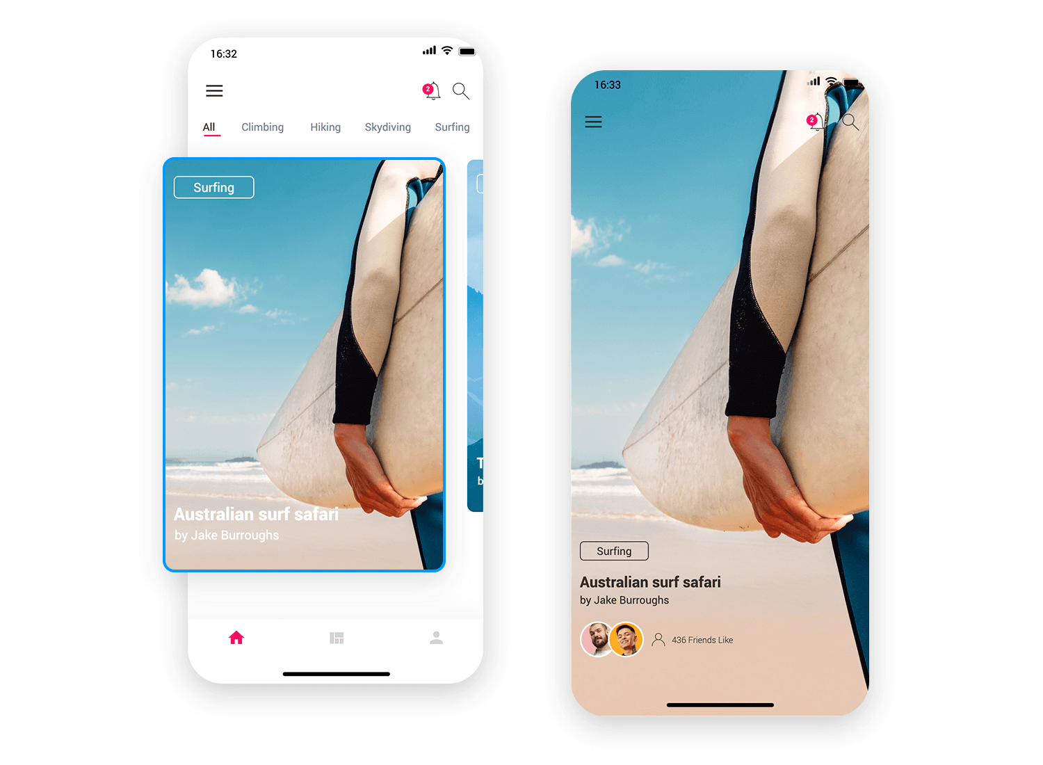 Travel app card UI for Australian surf safari activity