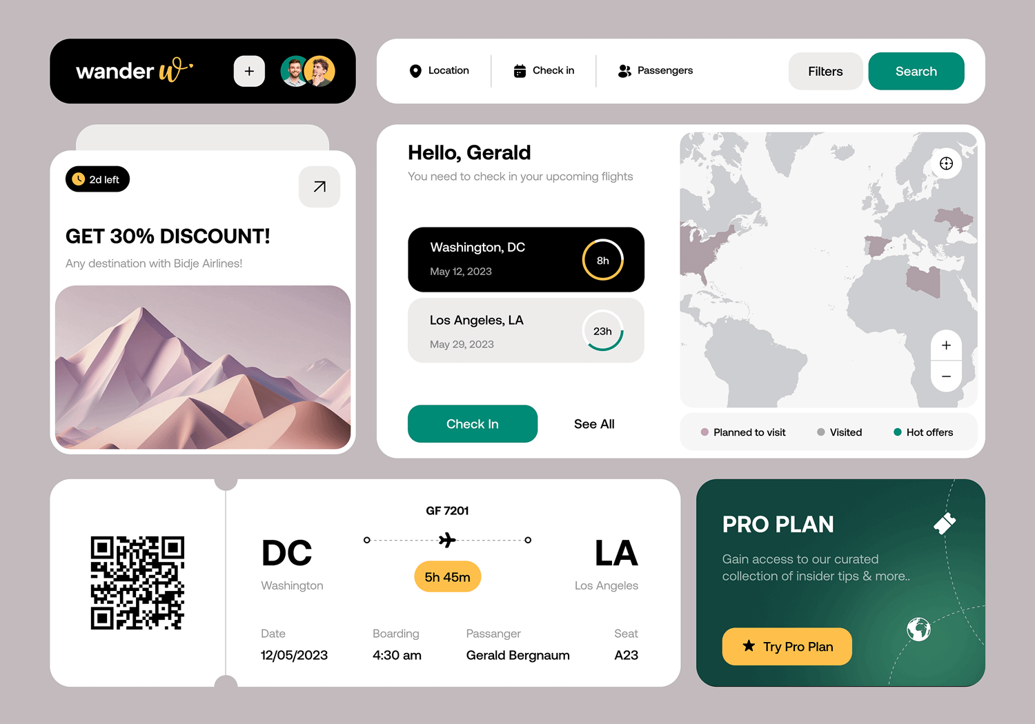 Travel booking dashboard with card UI for discount, check-in, and flight details