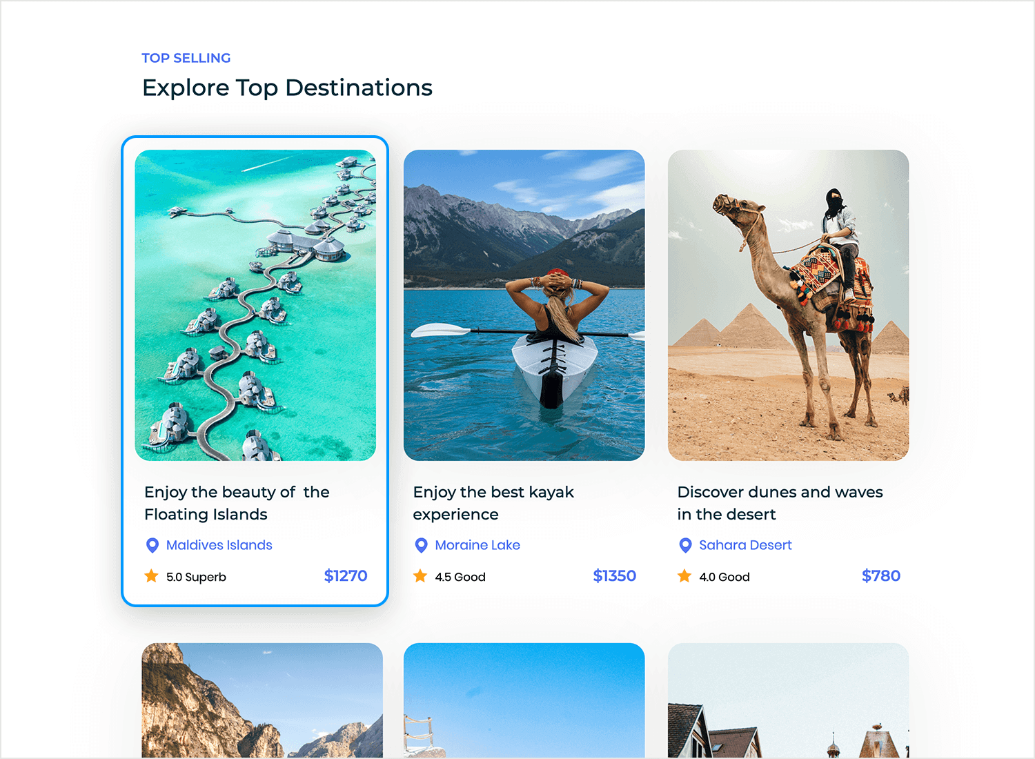 Card UI showing top travel destinations