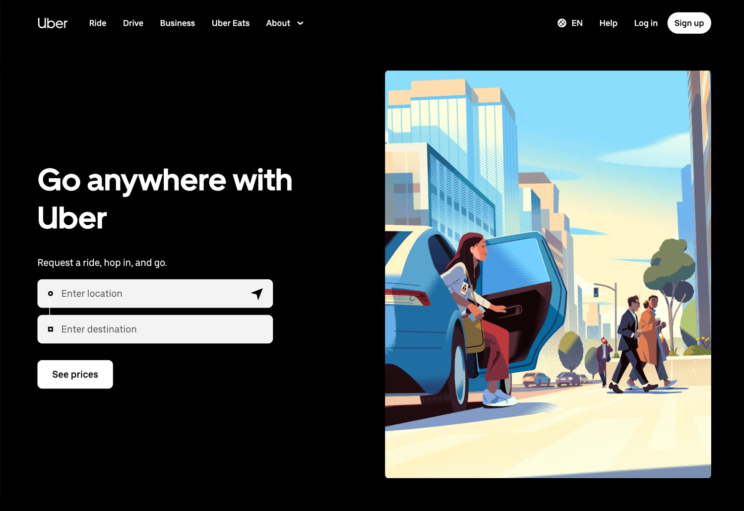 Uber homepage with a navigation bar, search fields for location and destination, and an illustration of a woman exiting a car