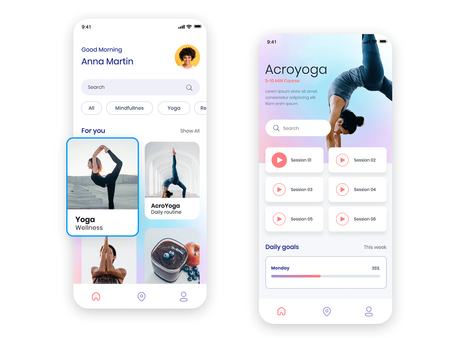 Wellness app card UI featuring yoga and acroyoga sessions