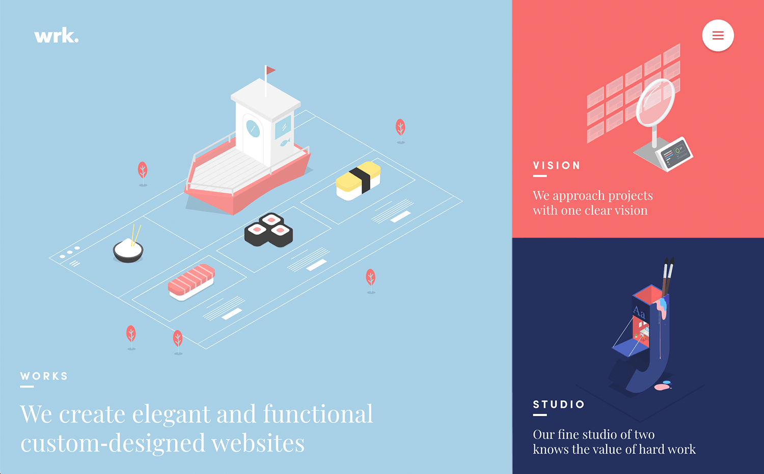 Wrk website with flat isometric illustrations, soft pastel colors, and a clean layout