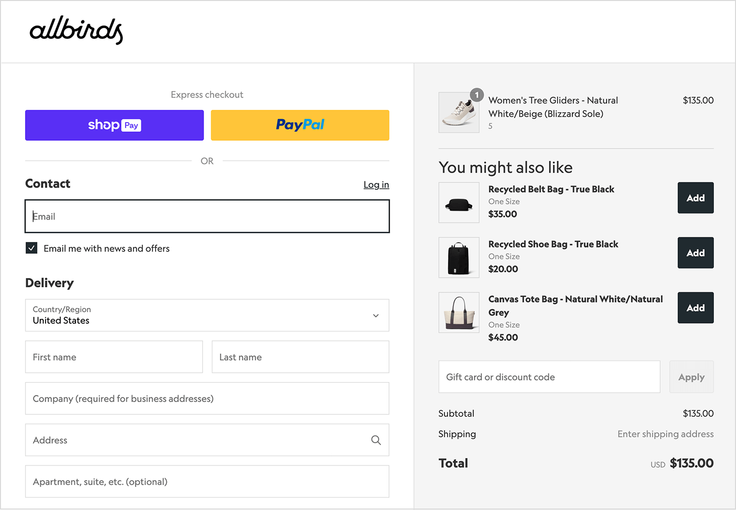 Allbirds checkout page with express payment options and order summary.