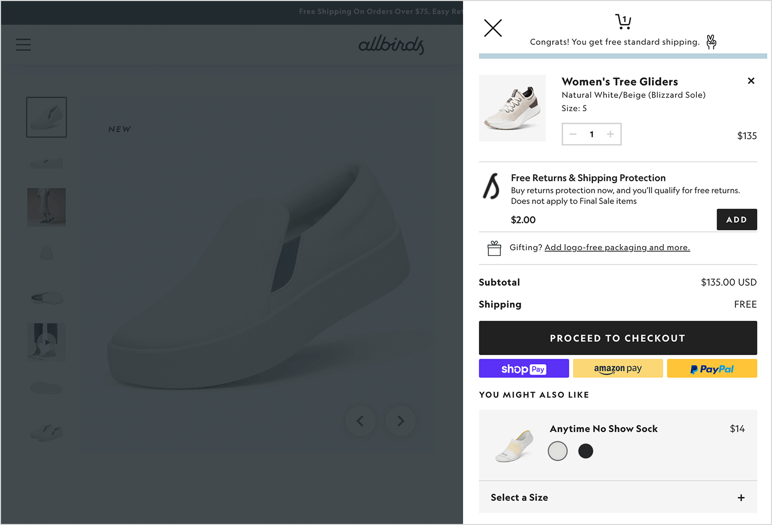 Allbirds sidebar cart with free shipping incentive and checkout options.