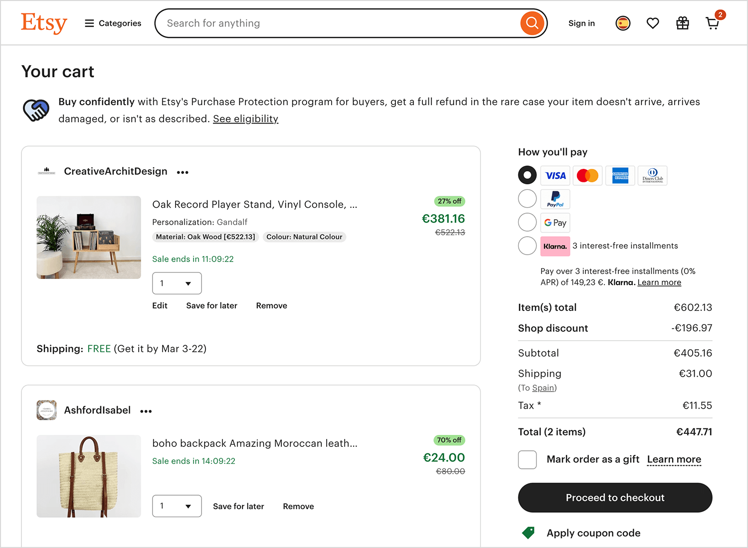 Etsy shopping cart page displaying handmade products, discount prices, and multiple payment options including Klarna and PayPal.