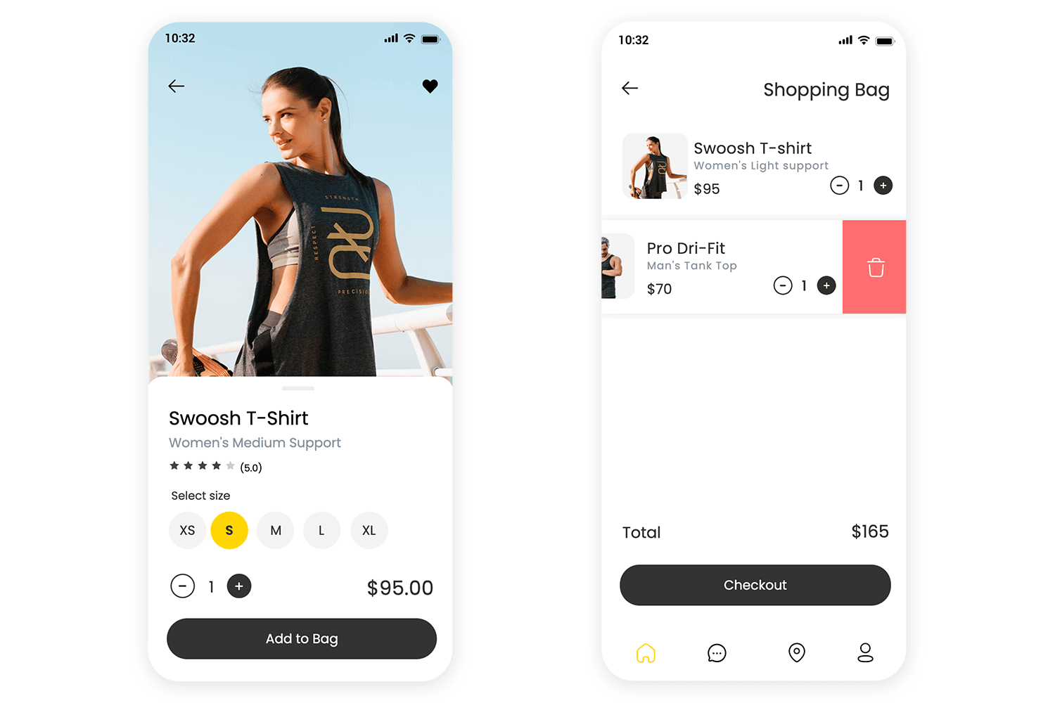 Mobile shopping app for fitness clothing showing a product page and a shopping cart with item details, quantity selectors, and checkout button.