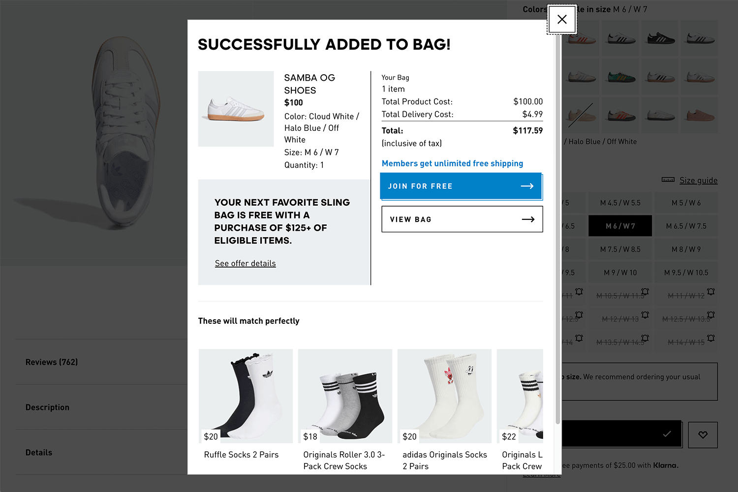 Adidas floating cart summary with free shipping message and upsells.