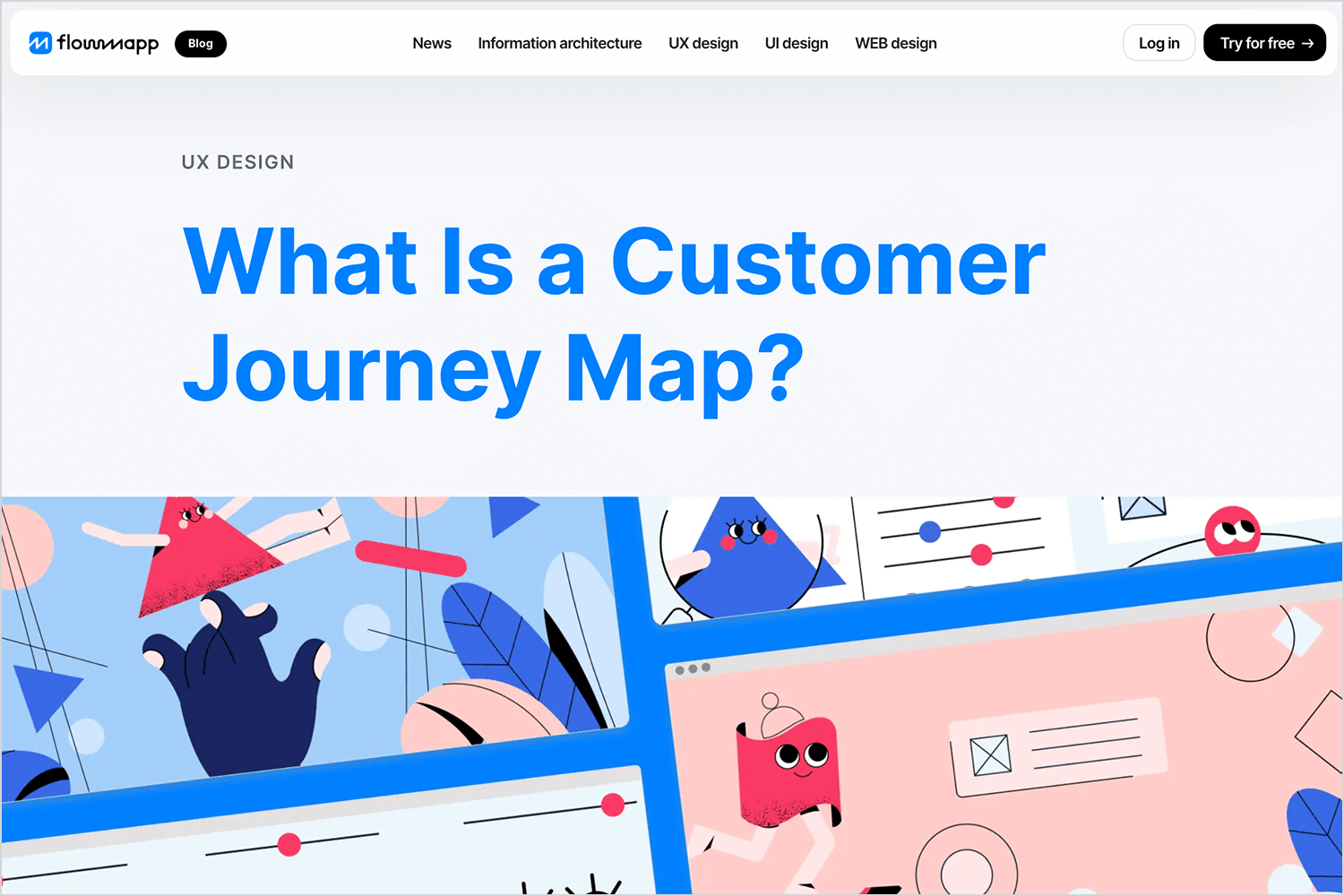 FlowMapp blog homepage featuring an article on customer journey maps