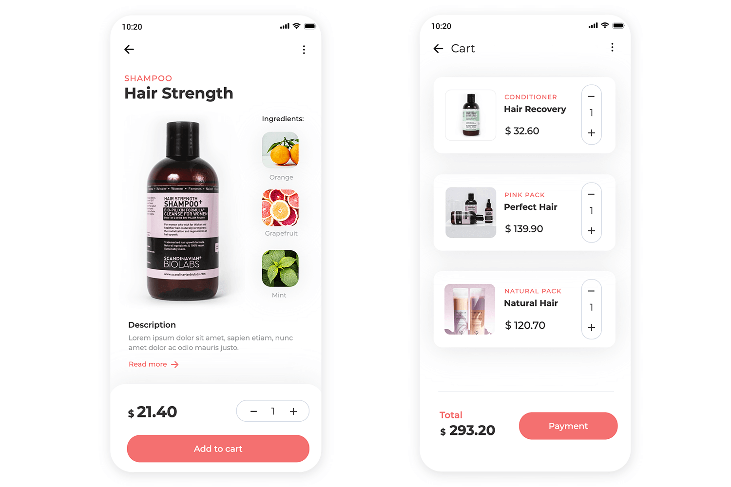 Mobile shopping app for hair care products showing a product page and a shopping cart with item details, quantity controls, and payment button.