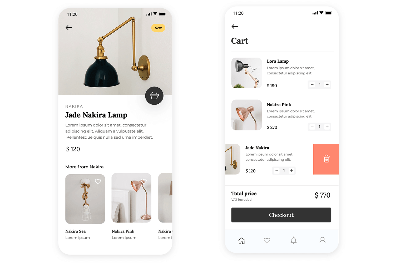 Mobile shopping app for lamps showing a product page and a shopping cart with item details, quantity adjustments, and checkout button.