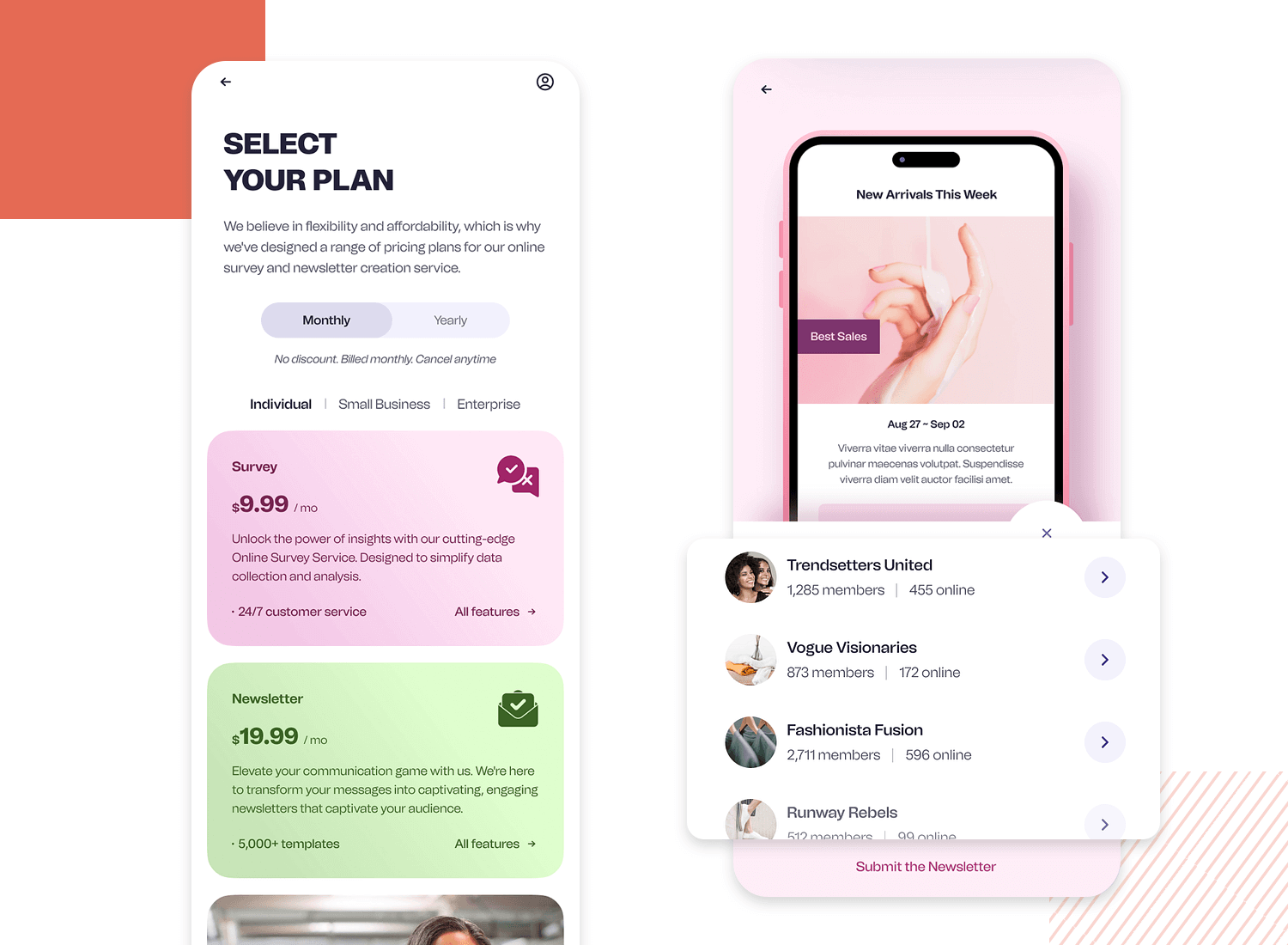 Mobile UI list design for easy comparison between subscription plans and best-selling products