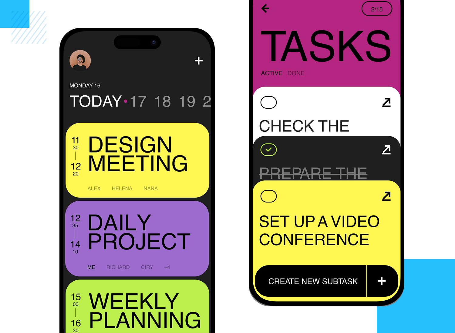 Mobile app UI with bright, color-coded list design for daily tasks, using large, easy-to-read text.