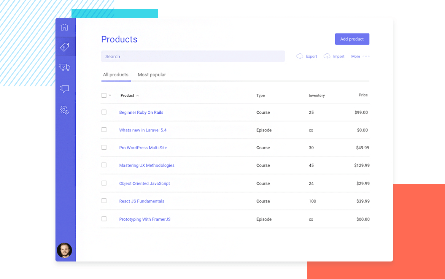 Product list with inventory and price information for an e-commerce dashboard UI design