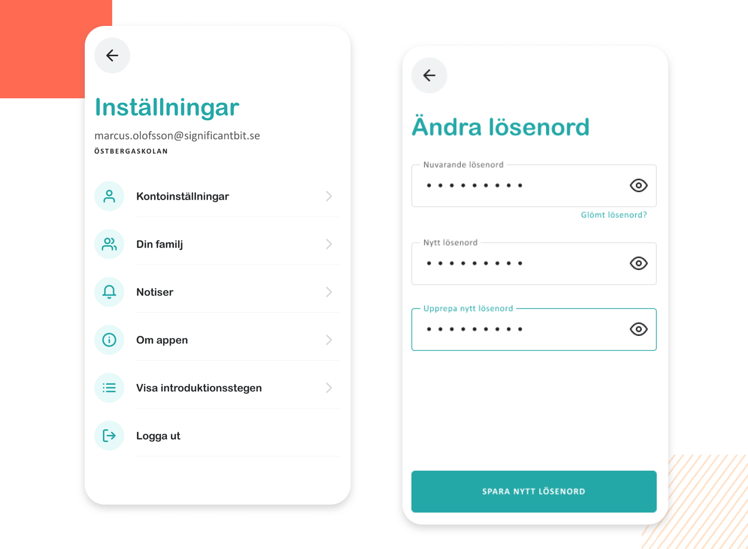 Mobile UI design for settings menu with list-style navigation and password change screen