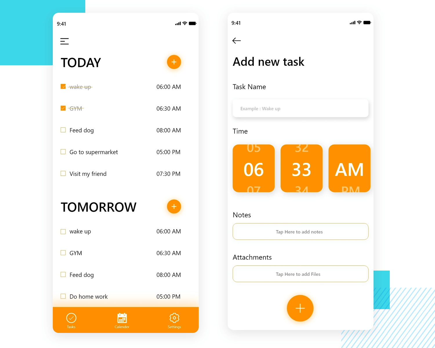 Mobile UI list design in a to-do app with bright orange accents for task creation and management