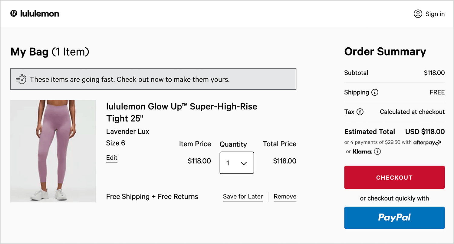 Lululemon shopping cart page featuring high-rise leggings, order summary, and checkout options