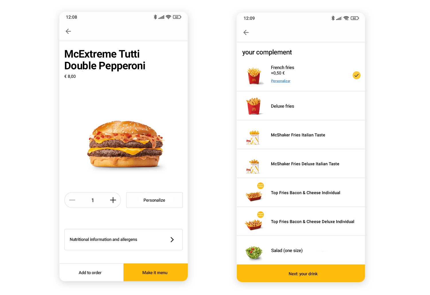 McDonald’s mobile ordering UI with product customization options.