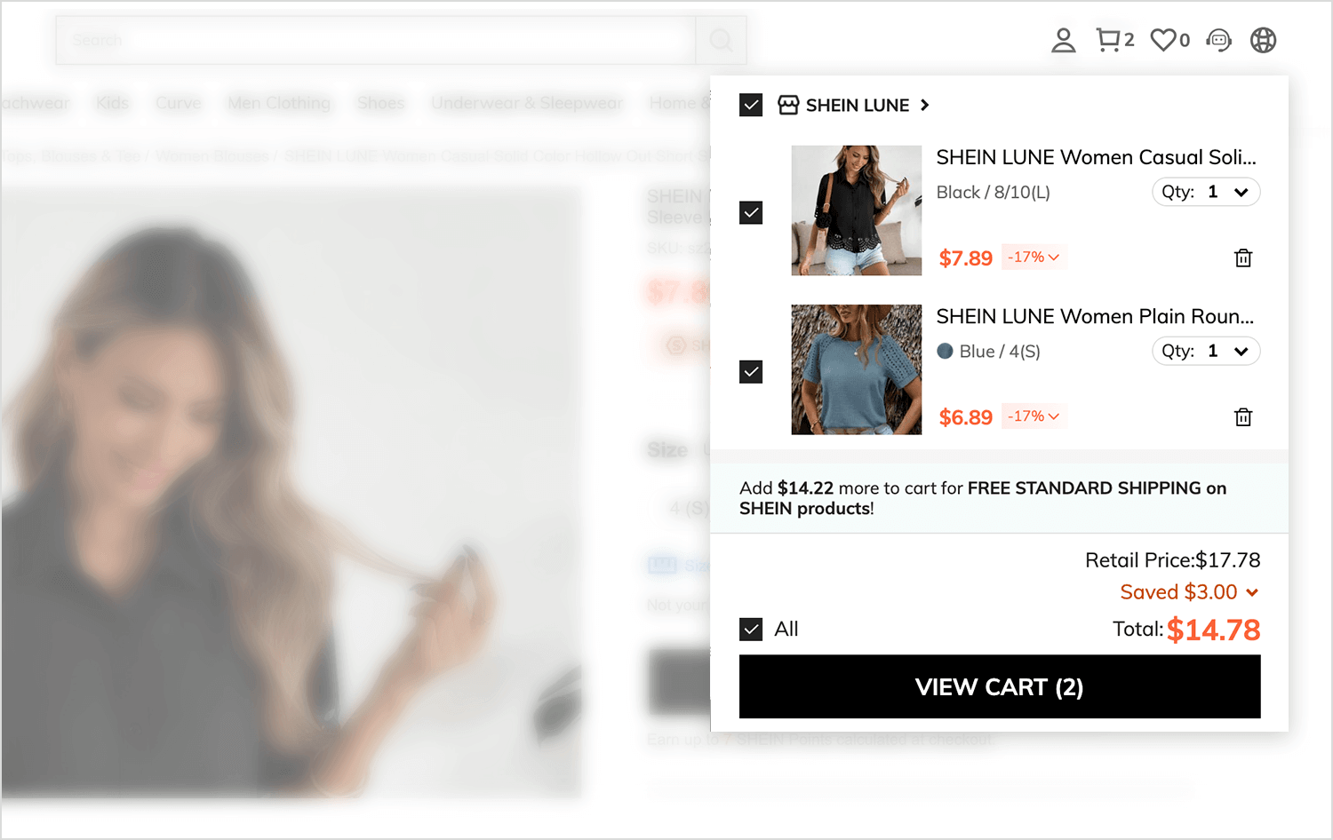 Shein mini cart with product list and free shipping progress bar.