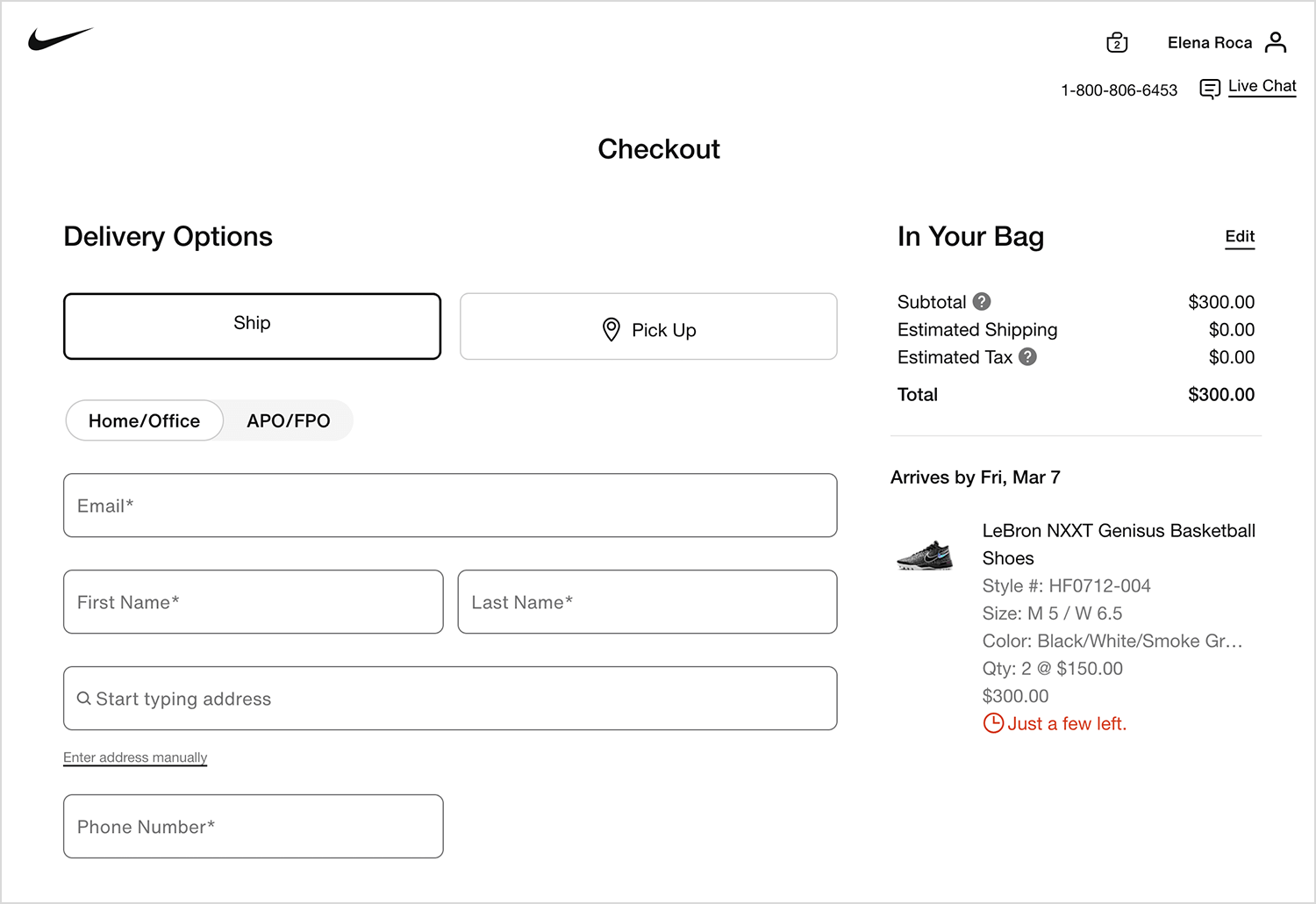 Nike checkout page displaying delivery options, form fields, and order summary for basketball shoes.