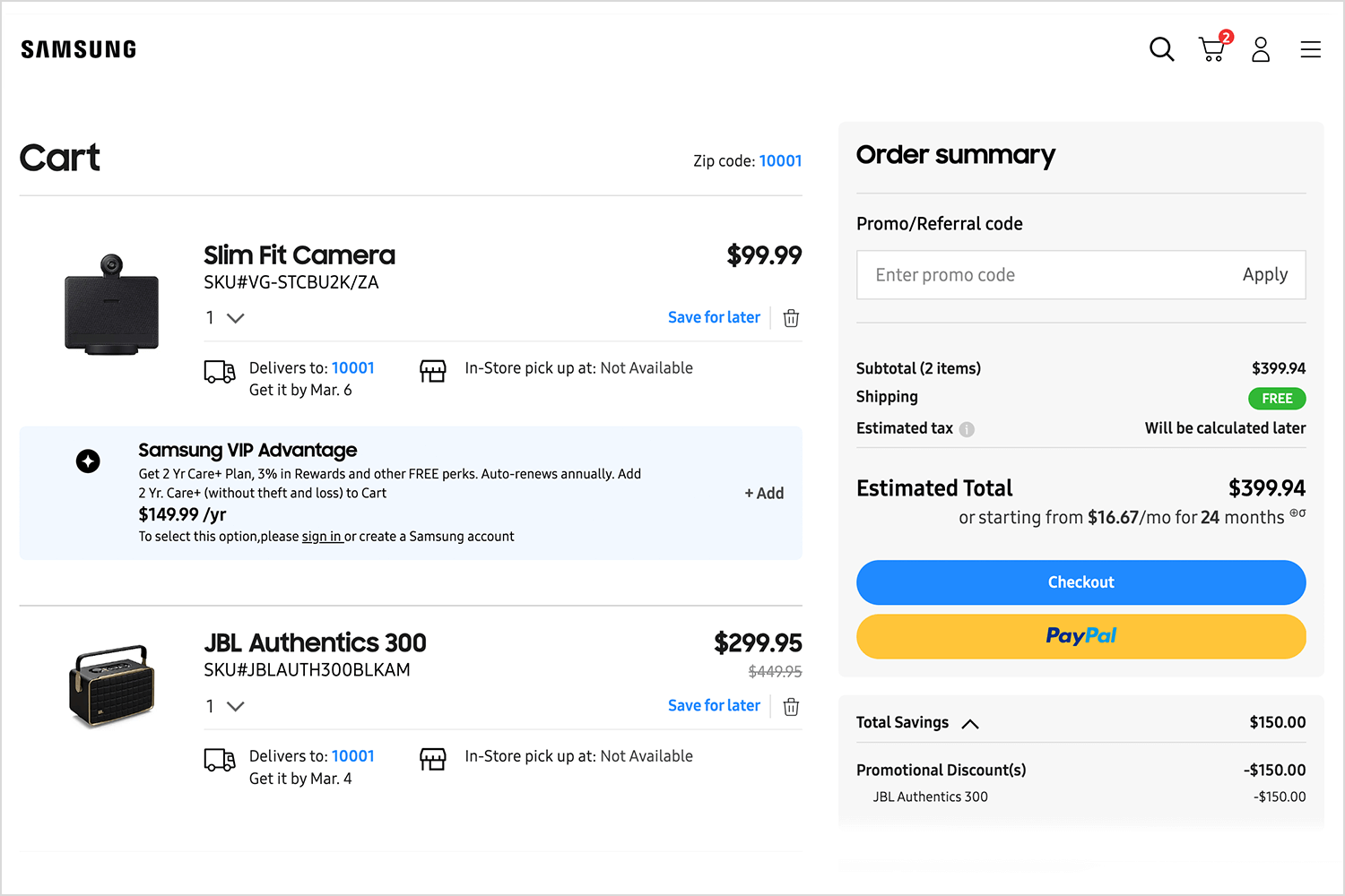 Samsung full-page shopping cart with order summary and savings.