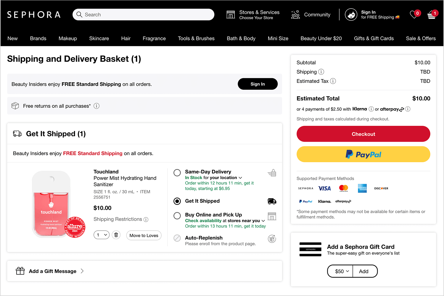 Sephora shopping cart page showing a beauty product, delivery options, and checkout buttons