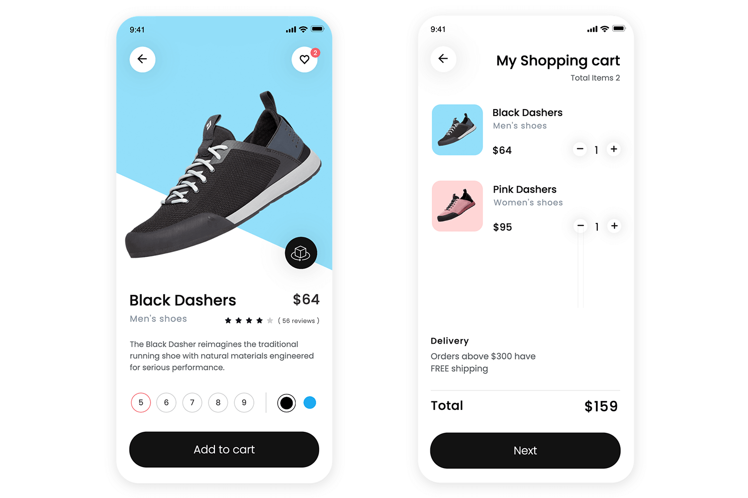 Mobile shopping app for shoes displaying a product page and a shopping cart summary with items, quantity controls, and total price.