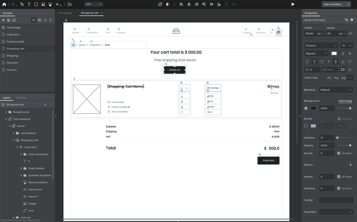 Wireframe of a shopping cart UI in a design tool, showing cart details, checkout button, and customization options.